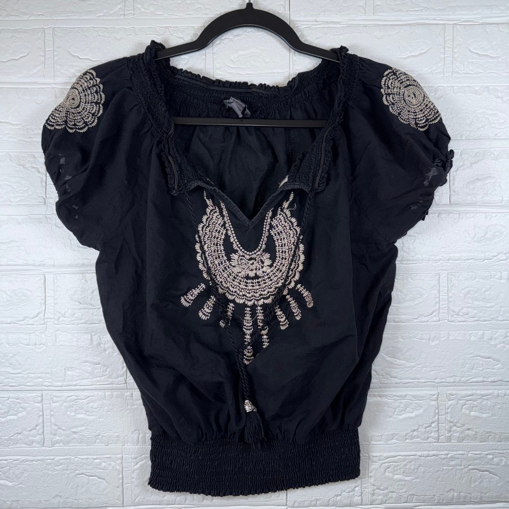 Poetry Clothing Peasant Top Womens Medium Black Embroidered Boho Smocked Tassel